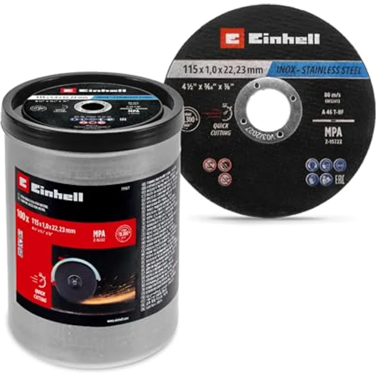 Einhell Trennscheiben Metall, 100-tlg., Ø 115 mm, MPA-zertifiziert, für Edelstahl und Stahl, leichter Schnitt, in Dose – Bild 1