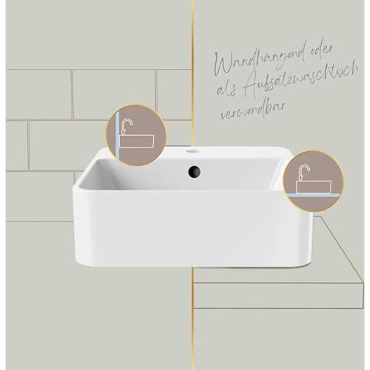 Lenz Handwaschbecken VALEA, platzsparend für Gäste-WCs, 40 cm x 38,5 cm, wandhängend oder als Aufsatzwaschtisch, superglatte KeepClean Oberfläche, mit Überlauf, Weiß, 41010161 – Bild 5