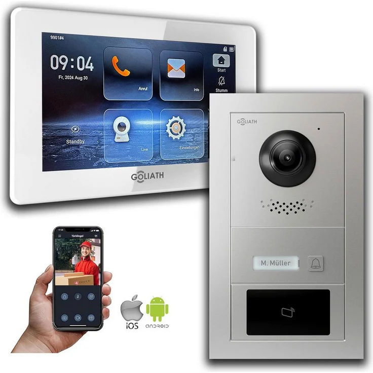 Goliath Intercom GL-IPH115 IP Video-Türsprechanlage, 7-Zoll Monitor, HD Kamera, RFID, Silber, für Privat und Gewerbe