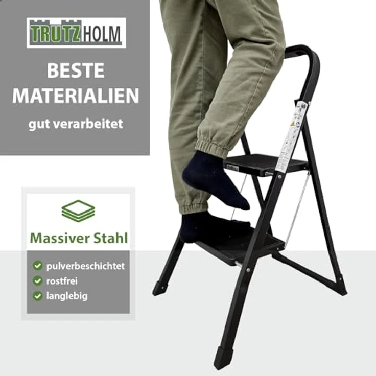 TRUTZHOLM Trittleiter klappbar, 2 Stufen, TÜV/GS zertifiziert, bis 150 kg belastbar, Anti-Rutsch Trittflächen, Sicherheitsverriegelung, Stahl Leiter (Schwarz) – Bild 2