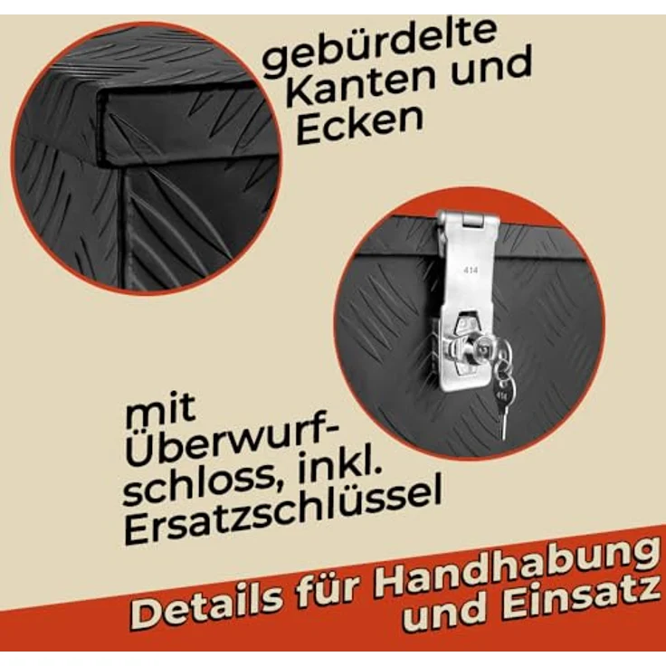 Trucky Deichselbox D050, schwarze Aluminium Werkzeugkiste mit abschließbarem Deckel, 68 x 31 x 25 cm, wasserdicht und robust – Bild 4