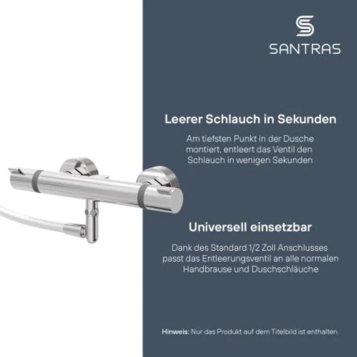 SANTRAS® Entleerventil DELUXE zum Abfluss von stehendem Wasser im Duschschlauch in Chrom – Verchromtes Entleerungsventil zur Entleerung des Brauseschlauchs mit Rückflussventil MADE IN GERMANY - Preisvergleich – Bild 2