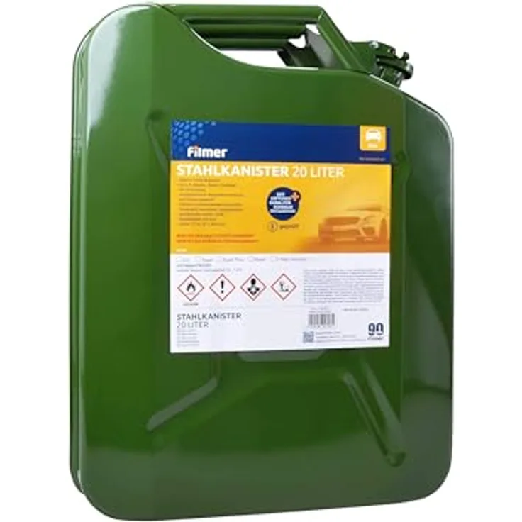 FILMER Stahlkanister 38154, 20 Liter, robuster und UN-zugelassener Kraftstoffkanister mit Bajonettverschluss und Entlüftungskanal