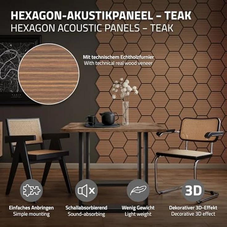 ML DESIGN Akustikpaneele 2er Set, 66x81x2cm in Teak, MDF Hexagon-Wandpaneele mit exzellenter Schallabsorption für Büro und Studio – Bild 2