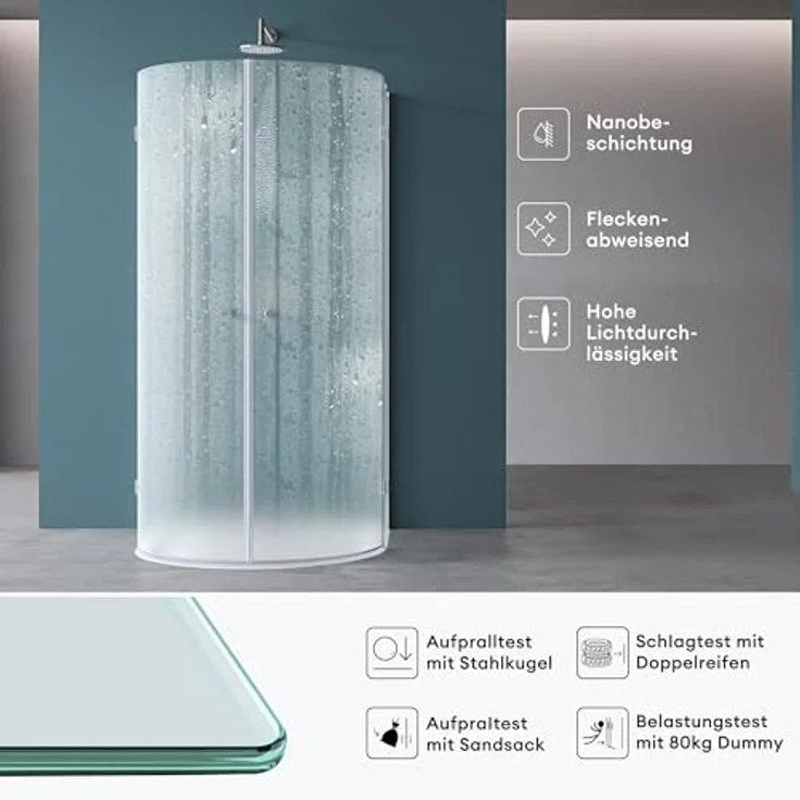 Mai & Mai Duschkabine U Form 90x90cm, halbkreis mit 6mm ESG-Sicherheitsglas, satiniert, inkl. Duschtasse & Ablaufgarnitur, bodengleich einbaubar, Easy-Clean Nano-Beschichtung – Bild 4