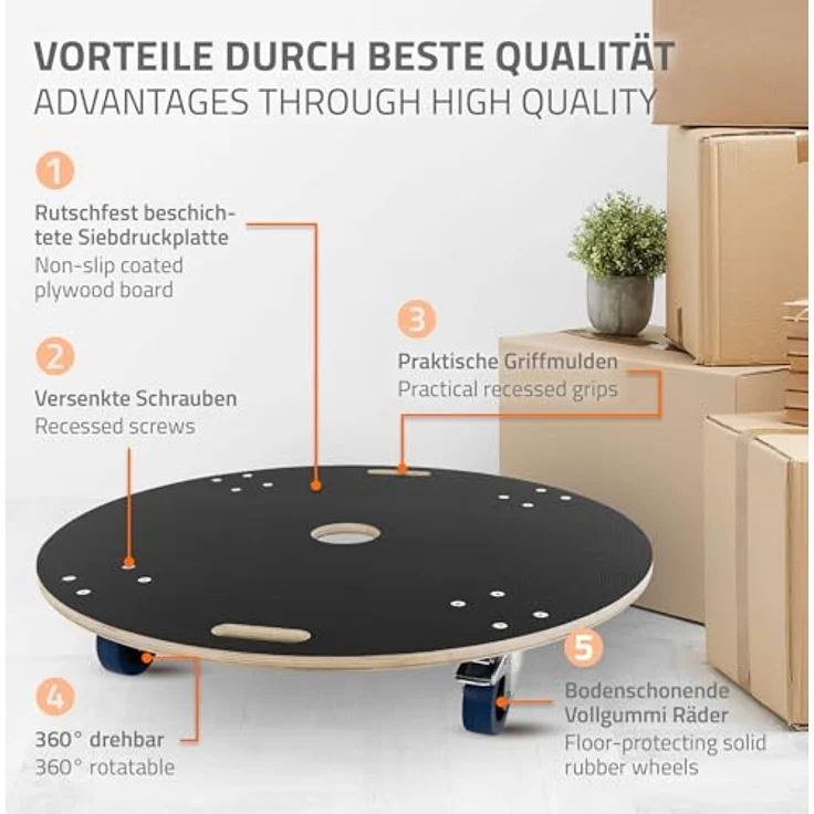 ECD Germany Transportroller Set, 2 Stück, rund Ø 87x14,5 cm, mit Siebdruckplatte, 2 gebremste Rollen, 800 kg Tragkraft, Möbelroller für Umzug und Möbel-Transport – Bild 3