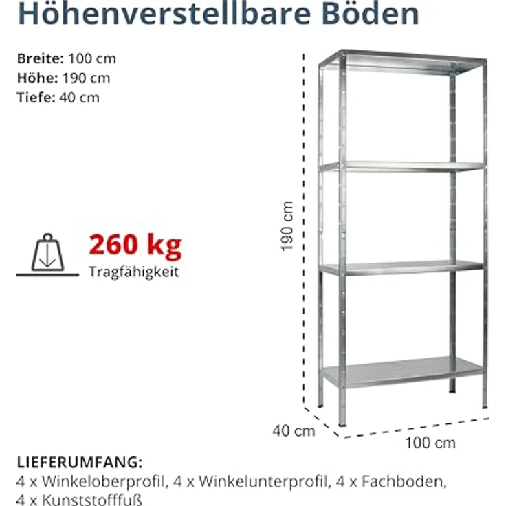 Schulte Regalwelt Lagerregal mit 4 PowerMAX-Fachböden, 190x100x40cm Regalsystem, Steckregal mit einfacher Montage ohne Verschrauben, Traglast je Boden bis zu 65 Kg (Gesamttraglast bis zu 260 Kg) – Bild 3