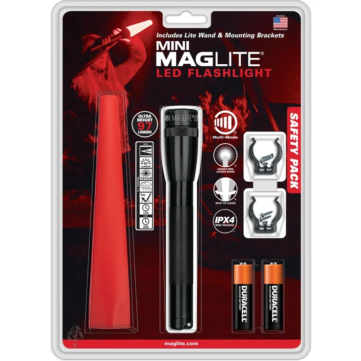 Maglite Mini LED Taschenlampe 2AA, 97 lm, verstellbarer Lichtstrahl mit rote Kegel und Halterung