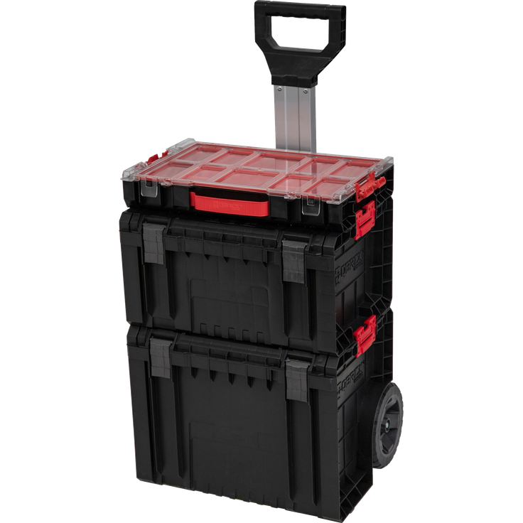 Qbrick System PRO Cart Werkzeugwagen-Set, mobile Werkzeug-Wagon mit Teleskopgriff, Toolbox mit 3 Fächern und Organizer 100 mit 8 Behältern, ca. 9,1 kg