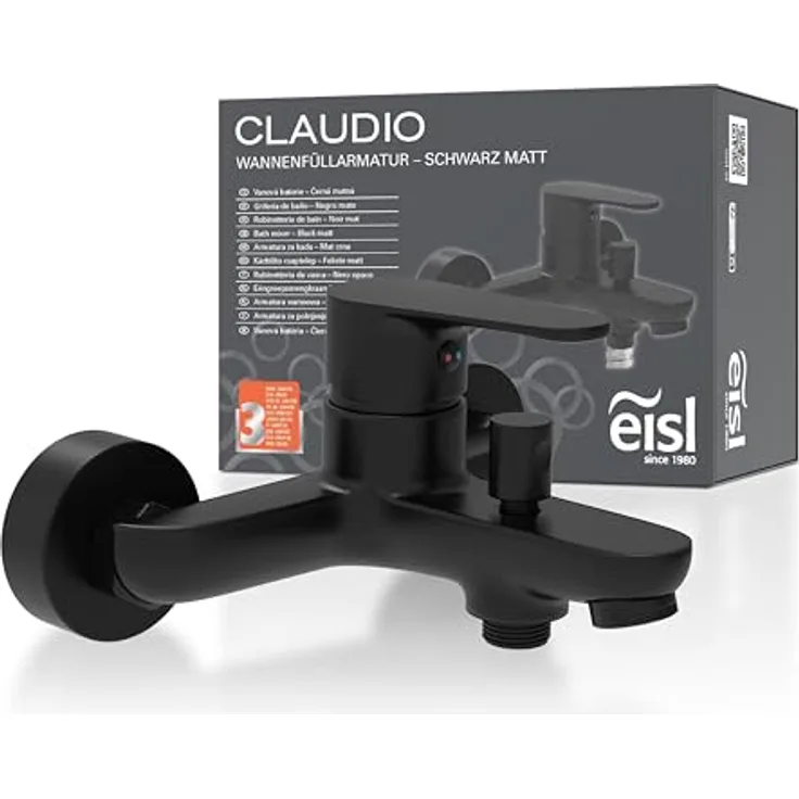 Eisl Wannenfüllarmatur Claudio, elegante Badarmatur in Schwarz Matt mit Qualitäts-Kartusche und 160 mm Ausladung