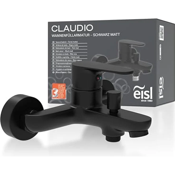 Eisl Wannenfüllarmatur Claudio, elegante Badarmatur in Schwarz Matt mit Qualitäts-Kartusche und 160 mm Ausladung – Bild 1