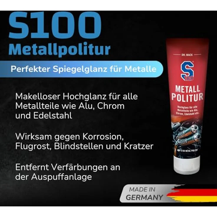 DR WACK S100 Metallpolitur, 100 ml Auto-Reinigungsmittel für Hochglanz, entfernt Korrosionsspuren und Kratzer – Bild 2