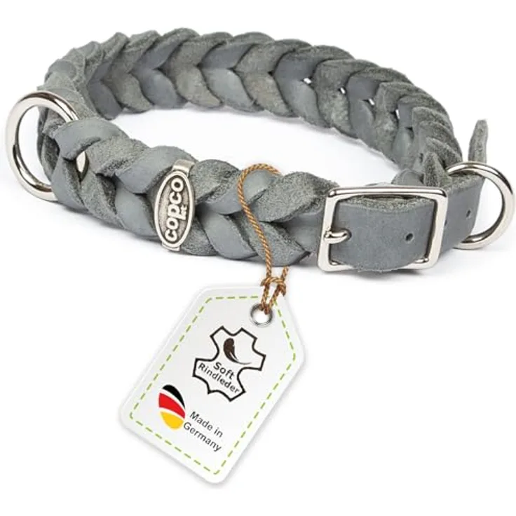 CopcoPet Hundehalsband aus Fettleder, geflochtenes Lederhalsband 25–29 cm x 15mm in Grau, verchromt mit Dornschließe, robust & verstellbar, ideal für kleine Hunde im Alltag & Training