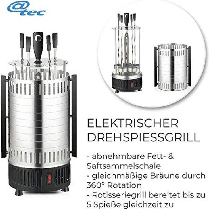 @tec Vertikaler Edelstahl Elektro-Tischgrill inkl. 5 Spieße, BBQ Vertikalgrill Rundgrill für Schaschlik-, Fleisch-, Garnelen-, Gyrosspieße Dreh-Grill Heizmodul mit Schutzgitter, 900W – Bild 5