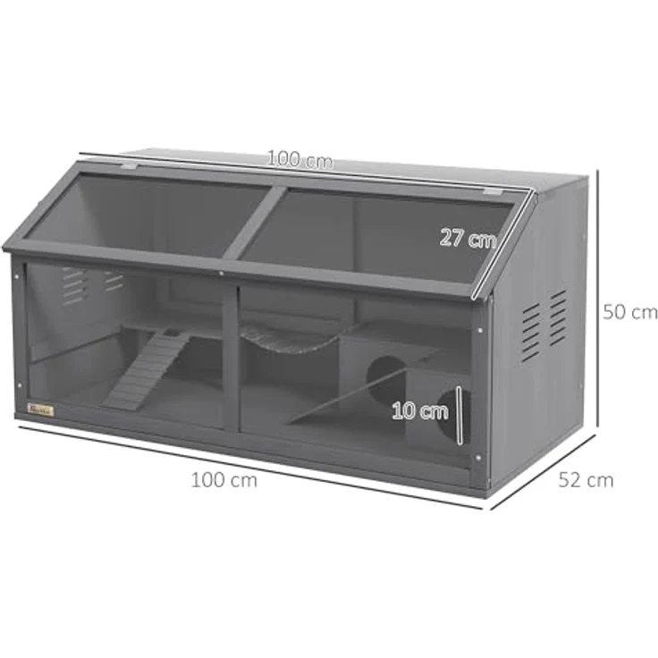 PawHut Hamsterkäfig aus Holz, 100cm Nagerhaus, Kleintierstall, Spielhaus mit Hängebrücke, Leitern, zu öffnendes Dach, Hütte, Dunkelgrau – Bild 5