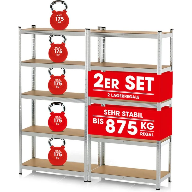 EASYmaxx Schwerlastregal 2er-Set 180x90x40 cm, 2-tlg., Lagerregal mit 10 verstellbaren Ablagen, weiß – Bild 1