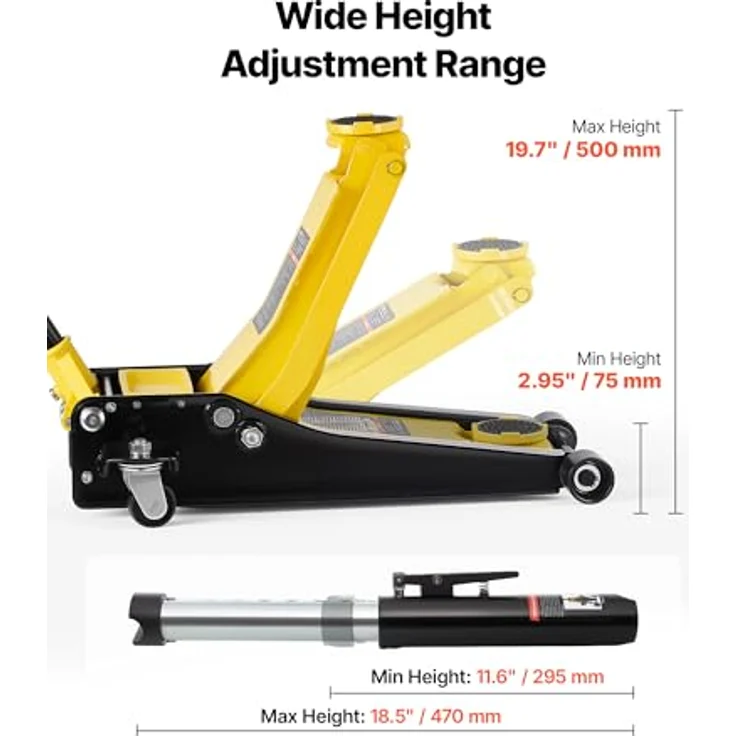 VEVOR Hydraulischer Rangierwagenheber 3T, Wagenheber mit 75-500 mm Hubhöhe, 95 mm Gummiauflage, Doppelzylinder und 360° Mobilität für PKW, SUV, Pickup, Werkstatt – Bild 3