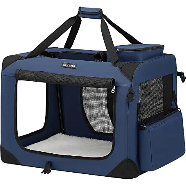 Feandrea Hundebox faltbar, Transportbox Hund, Größe L, Hundetasche, Oxford-Gewebe, Netzstoff, atmungsaktiv, tragbar, transportabel, Metallrahmen, mit Griffen, Taschen, 70 x 52 x 52 cm, dunkelblau