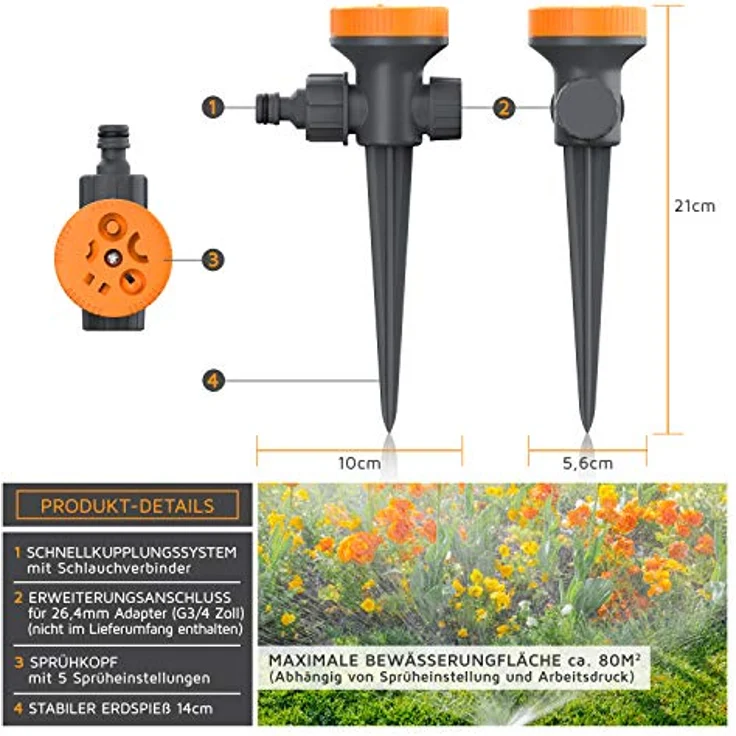 Brandson Rasensprenger 4er Set, 5 Fach Sprinkler mit Wählscheibe für Kreis, Halbkreis, Viertelkreis und Strahlfächer, robustes Design mit Schnellkupplungssystem – Bild 2