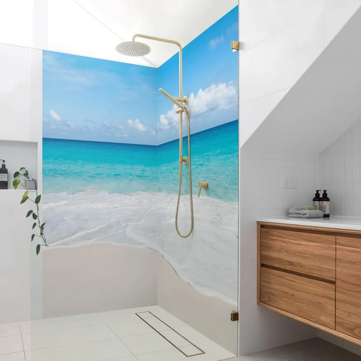 Apalis Home Duschrückwand Strand, selbstklebend, wasserfest, Karibik türkis, fugenlos, 80x190 cm
