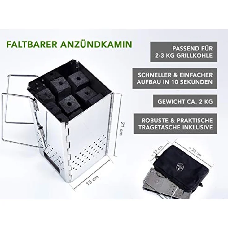 McBrikett KLAPPKAMIN, faltbarer Anzündkamin aus Edelstahl mit Tragetasche – Bild 3