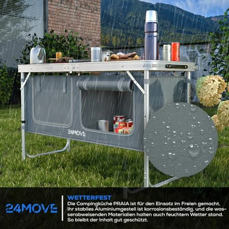 24MOVE® Campingküche Praia, faltbar und höhenverstellbar, Alu Reiseküche mit Arbeitsplatte und Staufächern, grau, inkl. Tragetasche – Bild 4