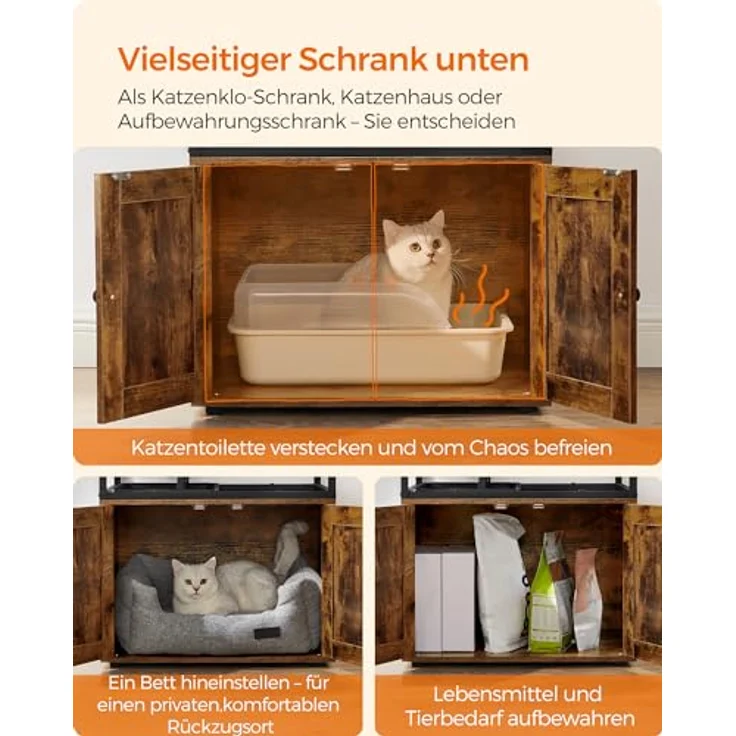 Feandrea Kratzbaum, Katzenbaum, Katzenhaus mit Katzenklo-Schrank, erhöhter Napfständer, Sisalstamm, waschbare Kissen, vintagebraun PCT312X01 – Bild 4