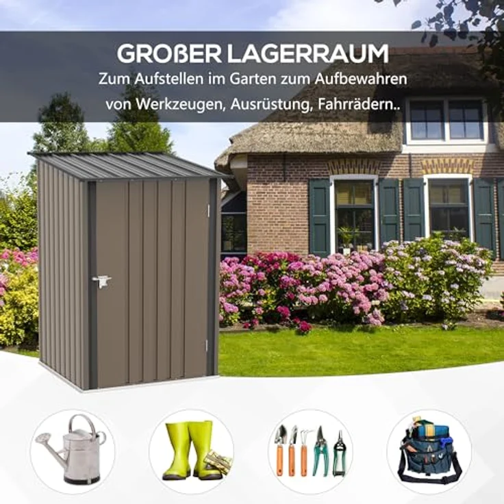 Outsunny Gerätehaus aus Stahl, 0,92 m² Geräteschuppen mit Pultdach Gartenschrank abschließbar, Gartenschuppen für Balkon, Terrasse, 100 x 103 x 160 cm, Braun – Bild 3
