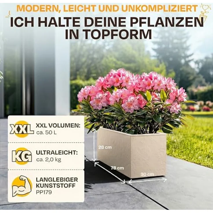Ondis24 Pflanzkübel Vulkano, 2er Set mit 50L Volumen, rechteckig, mit Wasserspeicher, witterungsbeständig, für Balkon und Terrasse, Leinenstruktur – Bild 2