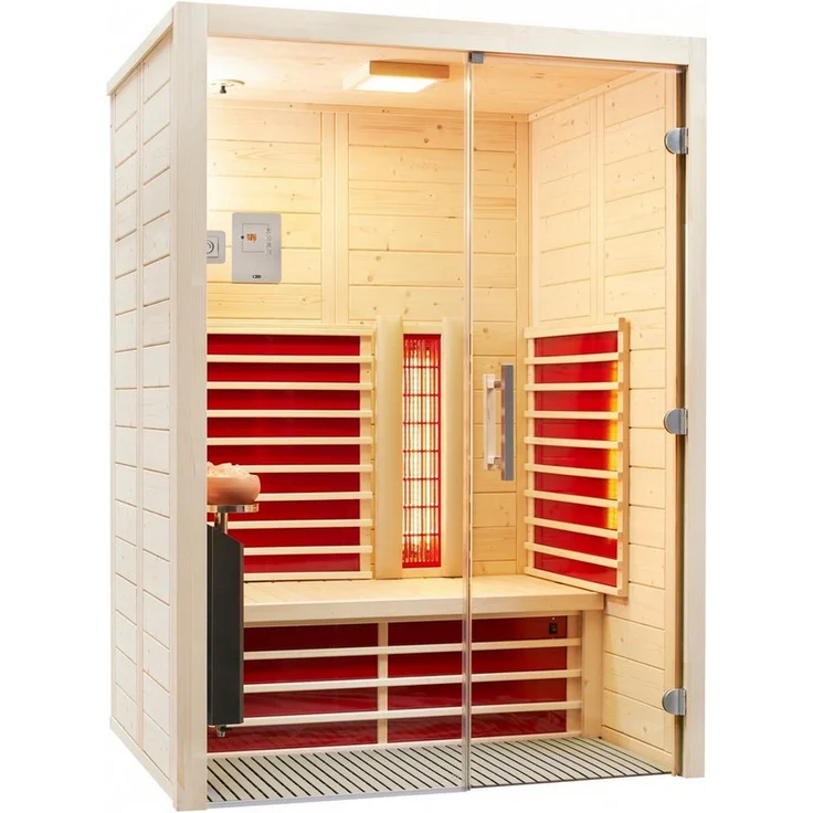 Infraworld TrioSol Natura 147 Infrarotkabine mit Glasfront, 4 Infrarot-Flächenheizungselementen, Sole-Therme und Bluetooth-Audiosystem, Fichte, 147x104 cm