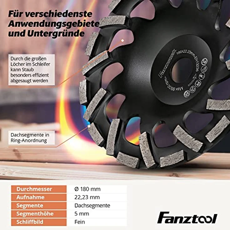 FANZTOOL Premium Diamant-Schleiftopf Abrasiv 180 mm x 22,2 mm Schleifteller Estrich, Asphalt, Putz, abrasive Baustoffe, TURBO-STAUBSAUGUNG-EFFEKT – Bild 7