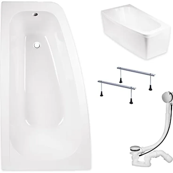 KOLMAN LUNA Eckbadewanne 150x80 Links, 4in1 Komplettset mit AcrylSchürze und Ablaufgarnitur, reinweiß, 155 Liter Fassungsvermögen