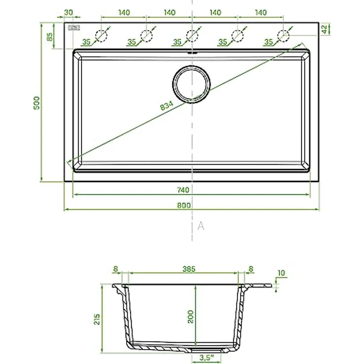 KOLMAN Granitspüle Tau, Einzelbecken mit Space Saving Siphon, beige, 50x80 cm, kratzfest und temperaturbeständig, inkl. Überlauf und Stöpsel – Bild 4