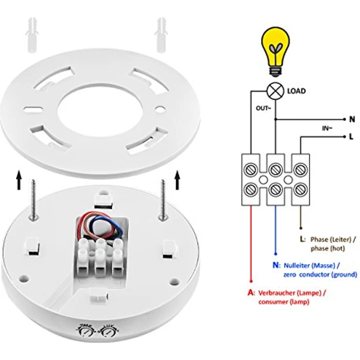 deleyCON 4X Infrarot Bewegungsmelder Aufputz Deckenmontage Innenbereich Lichtsteuerung 360° Arbeitsfeld 6m Reichweite eingebauter Lichtsensor Weiß – Bild 3