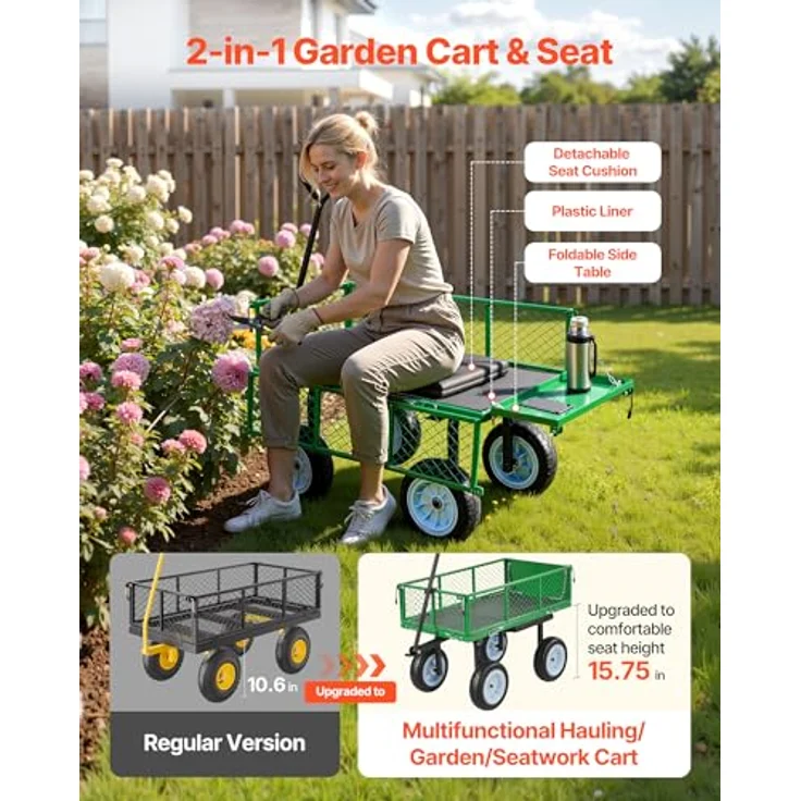 VEVOR Bollerwagen, 226,8 kg Tragkraft, Gartenwagen mit Sitz, PU-Rädern, abnehmbarem Tablett und verstellbarem Griff für Garten und Terrasse – Bild 3