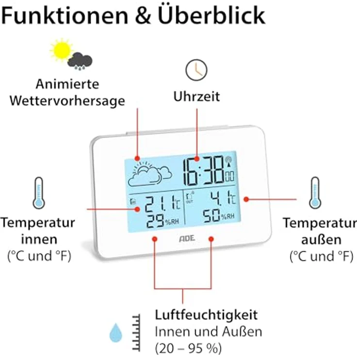 ADE WS2136 Digitale Wetterstation Funk mit Außensensor | Innen und Außentemperatur | Luftfeuchtigkeitsmesser | animierte Wettervorhersage | Funkwecker mit Schlummerfunktion | weiß – Bild 2
