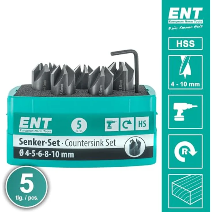 Ent European Norm Tools - ENT 26516 5-tlg Aufsteckversenker-Set HSS, Durchmesser (d) 4, 5, 6, 8 und 10 mm, e 90°, Rechts – Bild 6