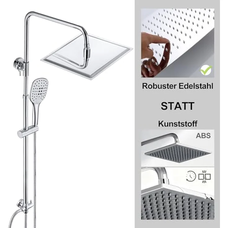 JOHO Edelstahl Duschset, Chrom Duschsystem ohne Armatur, XL Regenduschkopf 25x25cm, Handbrause mit 3 Strahlarten, wassersparend – Bild 2