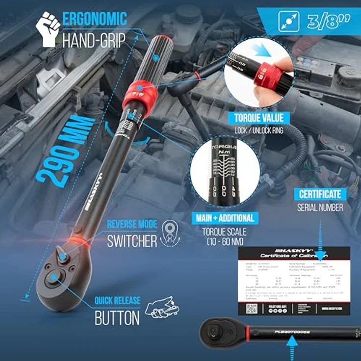 HASKYY Drehmomentschlüssel 3/8" 10-60Nm Zündkerzenschlüssel Magnetisch 14-16mm mit Torxbits T20 T30 T40 inkl. Verlängerungsadapter KFZ Industrie Motorrad Auto – Bild 2