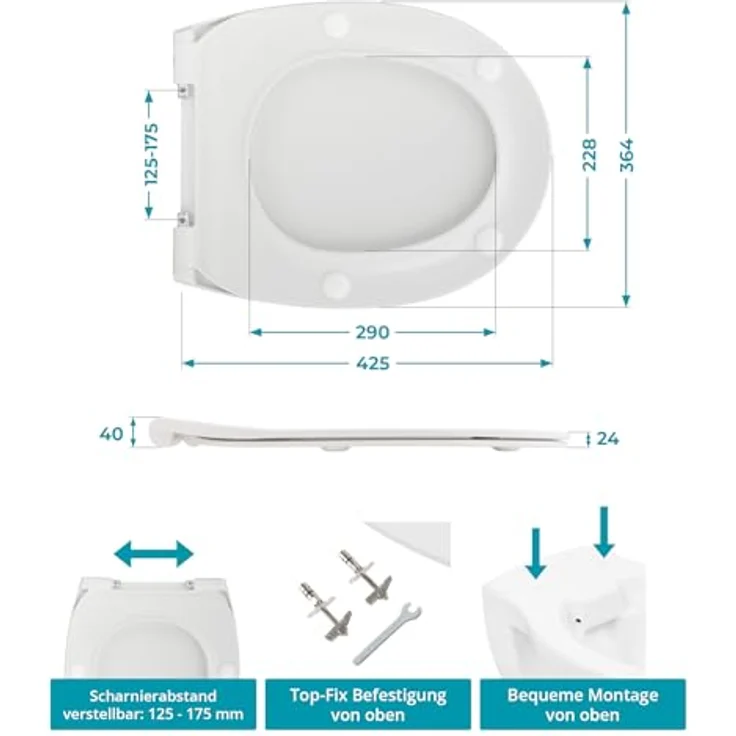 Calmwaters WC-Sitz Flach Absenkautomatik Weiß Duroplast O-Form Slim, antibakteriell, robust, abnehmbar, mit Edelstahl-Scharniere – Bild 4