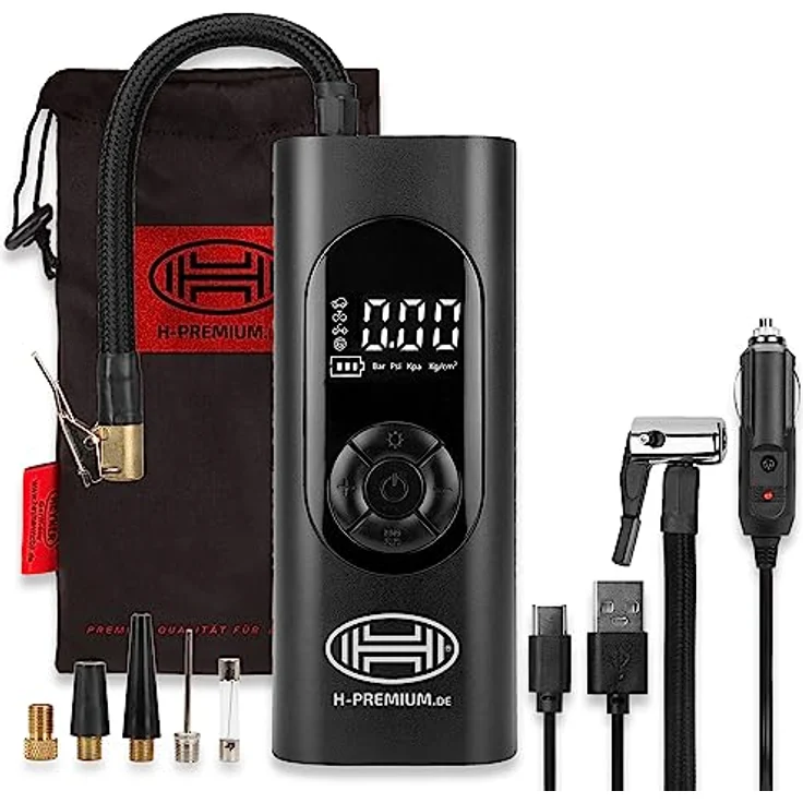 HEYNER® Akkukompressor, elektrische Fahrradpumpe, 6000 mAh Powerbank und Notbeleuchtung, 10 bar 12 V – Bild 1