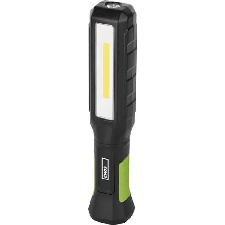 EMOS Wasserdichte LED-Arbeitsleuchte, aufladbare Werkstattlampe mit knickbarem Haltefuß, Haken und Magnet, 800 lm, 110 m Leuchtweite, 2000 mAh Akku - Taschenlampe