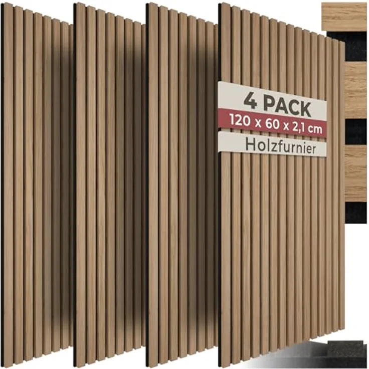 tectake® 3D Akustikpaneele, Wandpaneele in Holzoptik, Schallabsorber für Wohnzimmer und Küche, Eiche, 4er Set, 120 x 60 x 2,1 cm