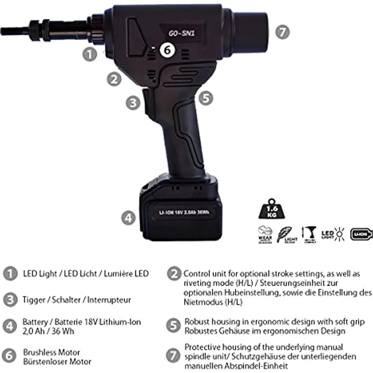 GOEBEL®- Akku Spreiz Blindnietmuttern Setzwerkzeug Setzgerät GO-SN1 Nietmutterngerät - M5 / M6 / M8 / M10 mm Blindnietmuttergerät mit bürstemlosem Motor 18V inkl. 2 Akku, Koffer Zubehör – Bild 5