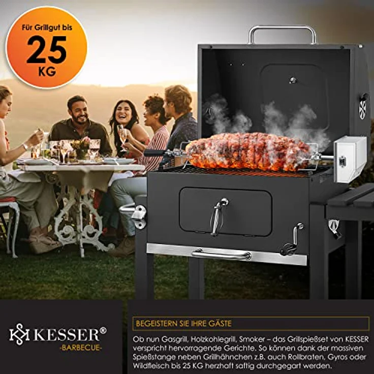 KESSER Edelstahl Grillspieß Set 107cm passend für Weber Spirit Gasgrill mit 4X Fleischnadeln BBQ Fleischklammer, Griffstück und Motor Rotisserie Elektrischer Drehspieß 220V - 240V Silber – Bild 4