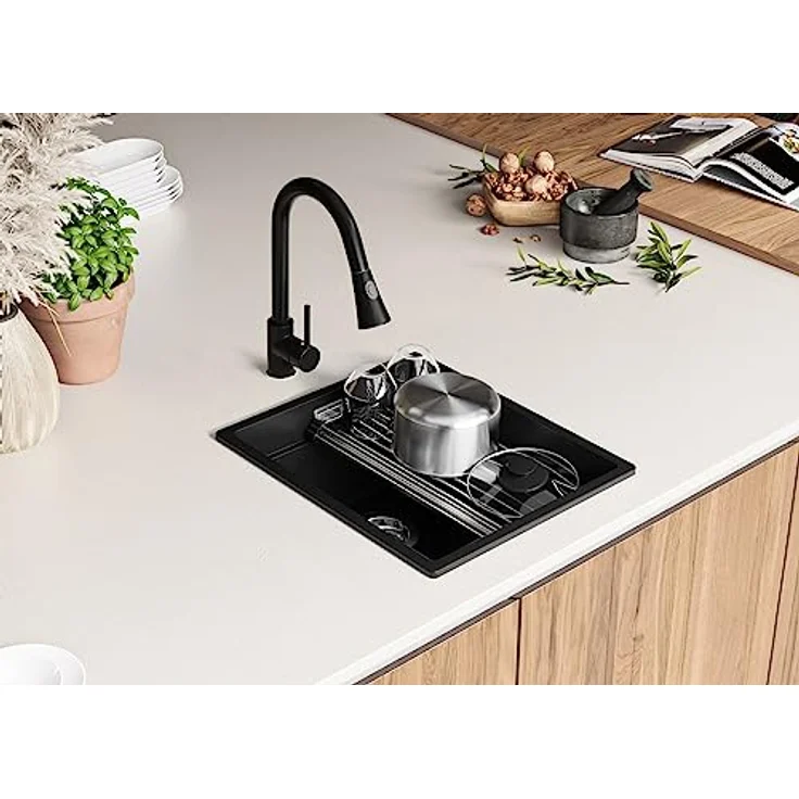 Primagran Spülbecken Alles Schwarz 41x47cm, Granitspüle 1 Becken + Ablauf-Set + Aufrollbare Abtropffläche - Prag Slim, schwarz – Bild 3