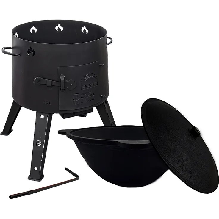 Grillpeter Feuerstelle mit Kazan 16L, gusseisernes Kochset für Outdoor und Camping, robustes Stahlgehäuse mit Schürhaken