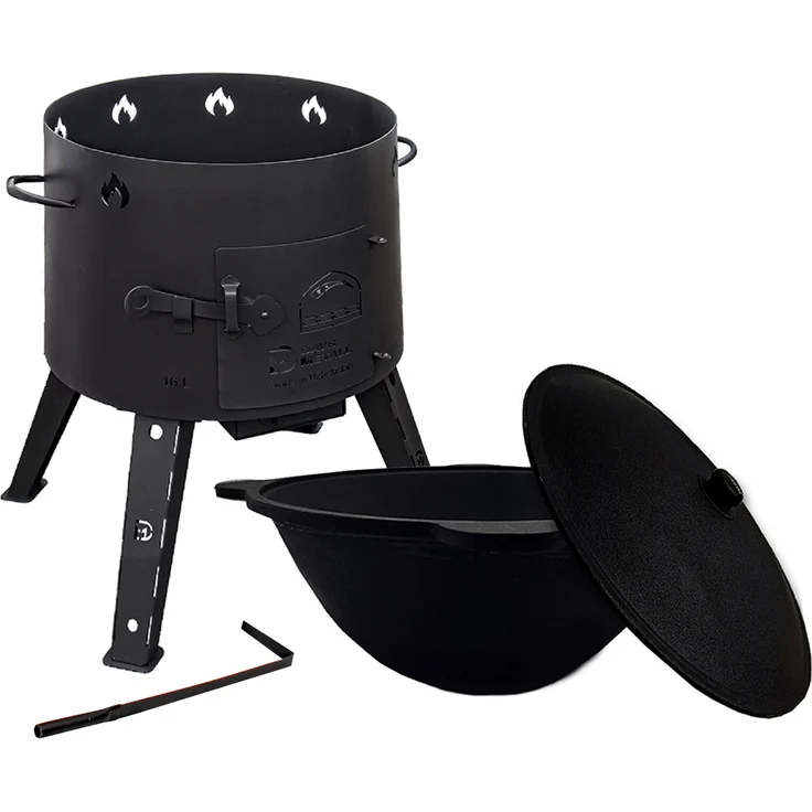 Grillpeter Feuerstelle mit Kazan 16L, gusseisernes Kochset für Outdoor und Camping, robustes Stahlgehäuse mit Schürhaken