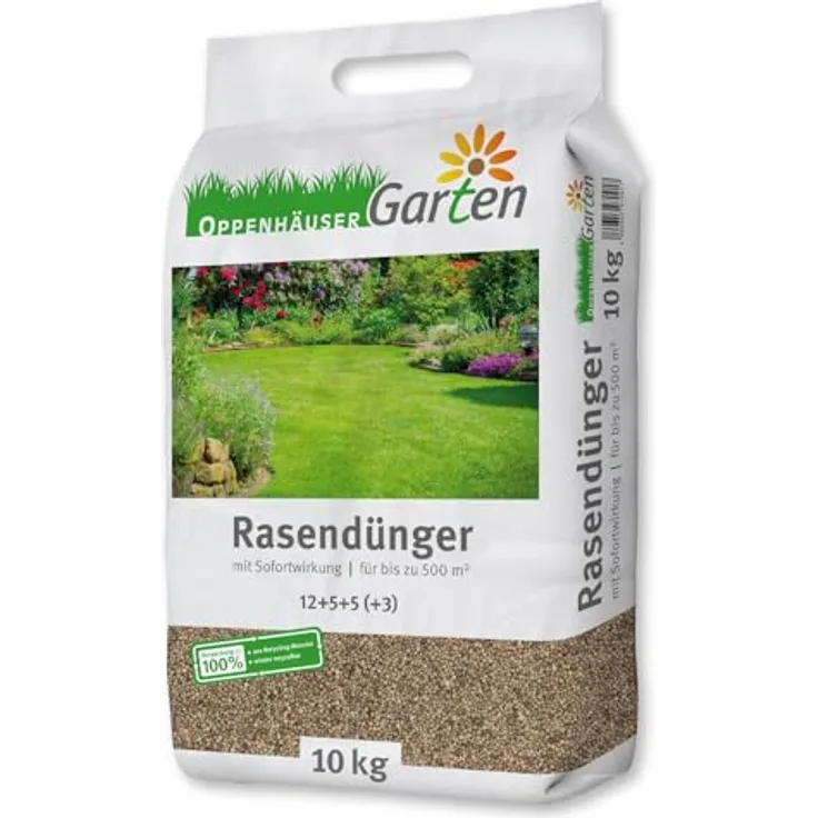 OPPENHÄUSER Rasendünger Frühjahr 10kg, NPK 12-5-5 für bis zu 500m², Sofortwirkung für sattgrünen Rasen, verdrängt Moos