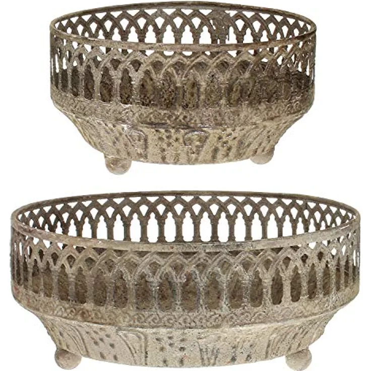 MACOSA EX238810 Pflanzschale 2er Set rund braun/beige Vintage- Shabby Chic Kräutertopf Pflanzgefäß Deko Pflanztopf Kräuterkasten Übertopf Pflanzen-Schale